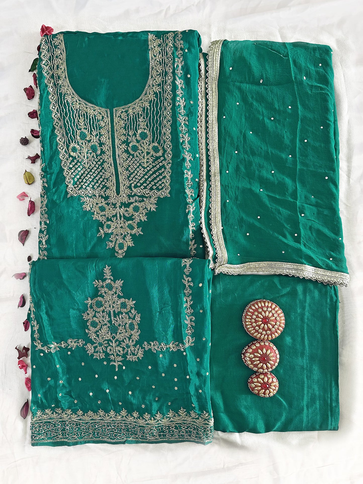Opada Silk Unstitched Suit Set Green Color