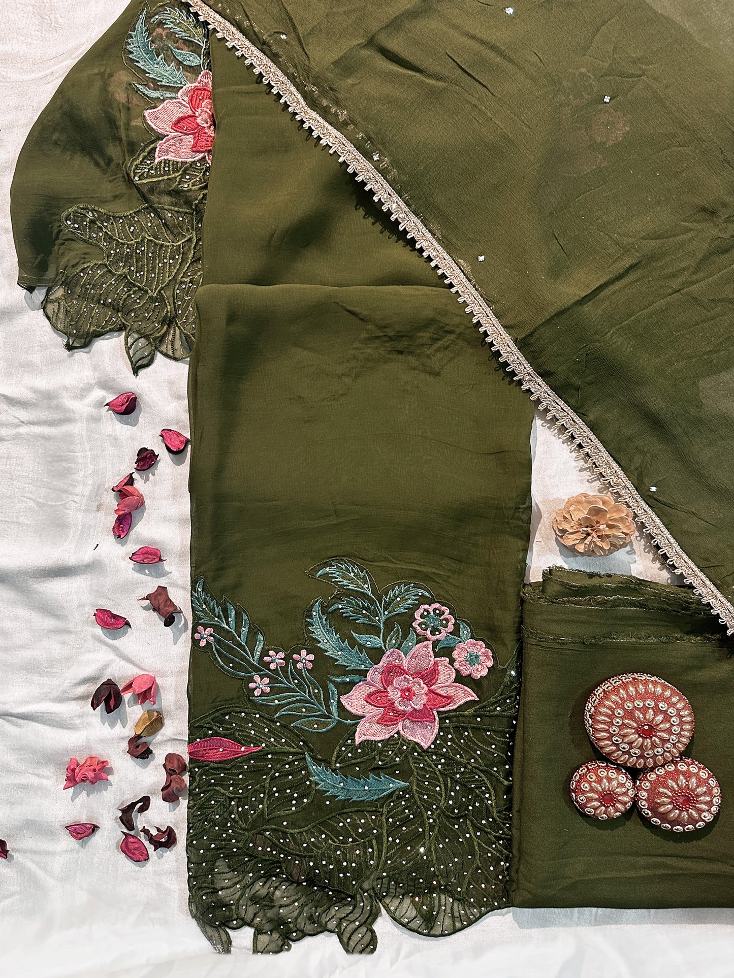 Organza Fabric Unstitched Suit Set Green and Wine