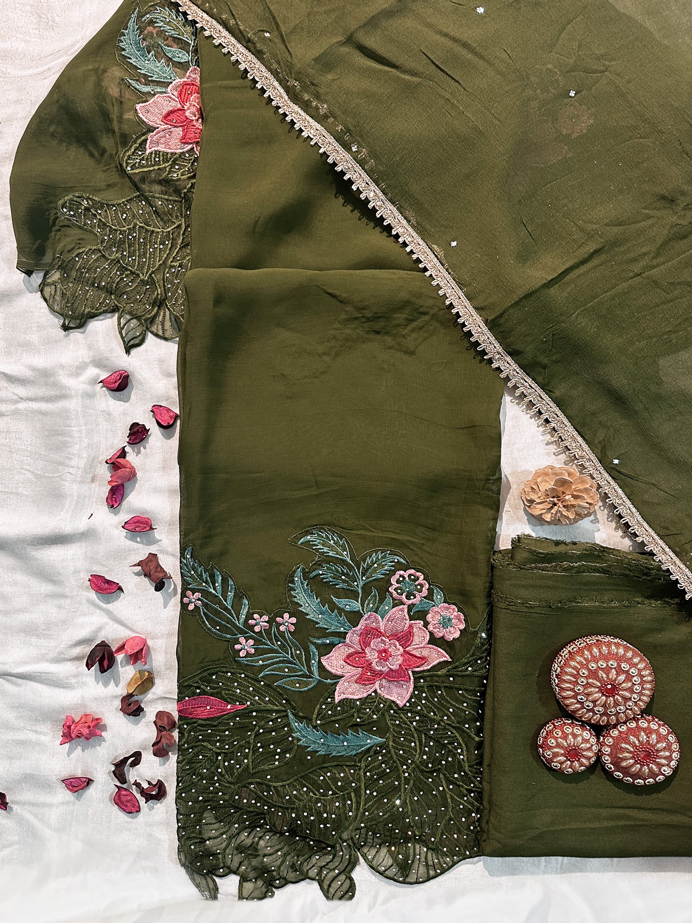 Organza Fabric Unstitched Suit Set Green and Wine