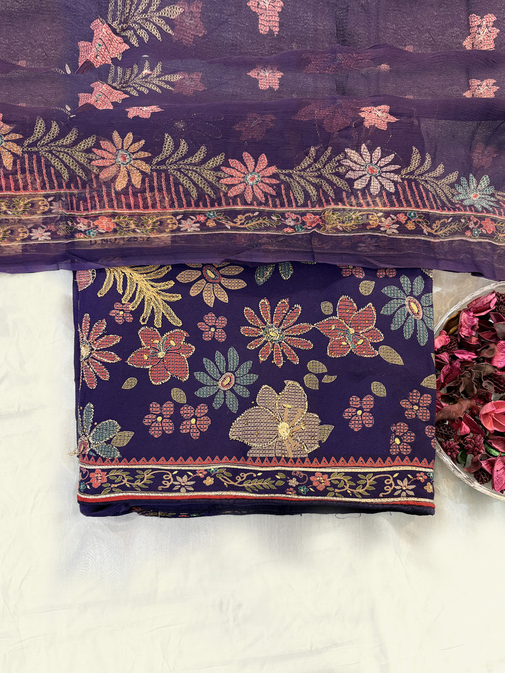 Pashmina Fabric Purple color Unstitched Suit Set