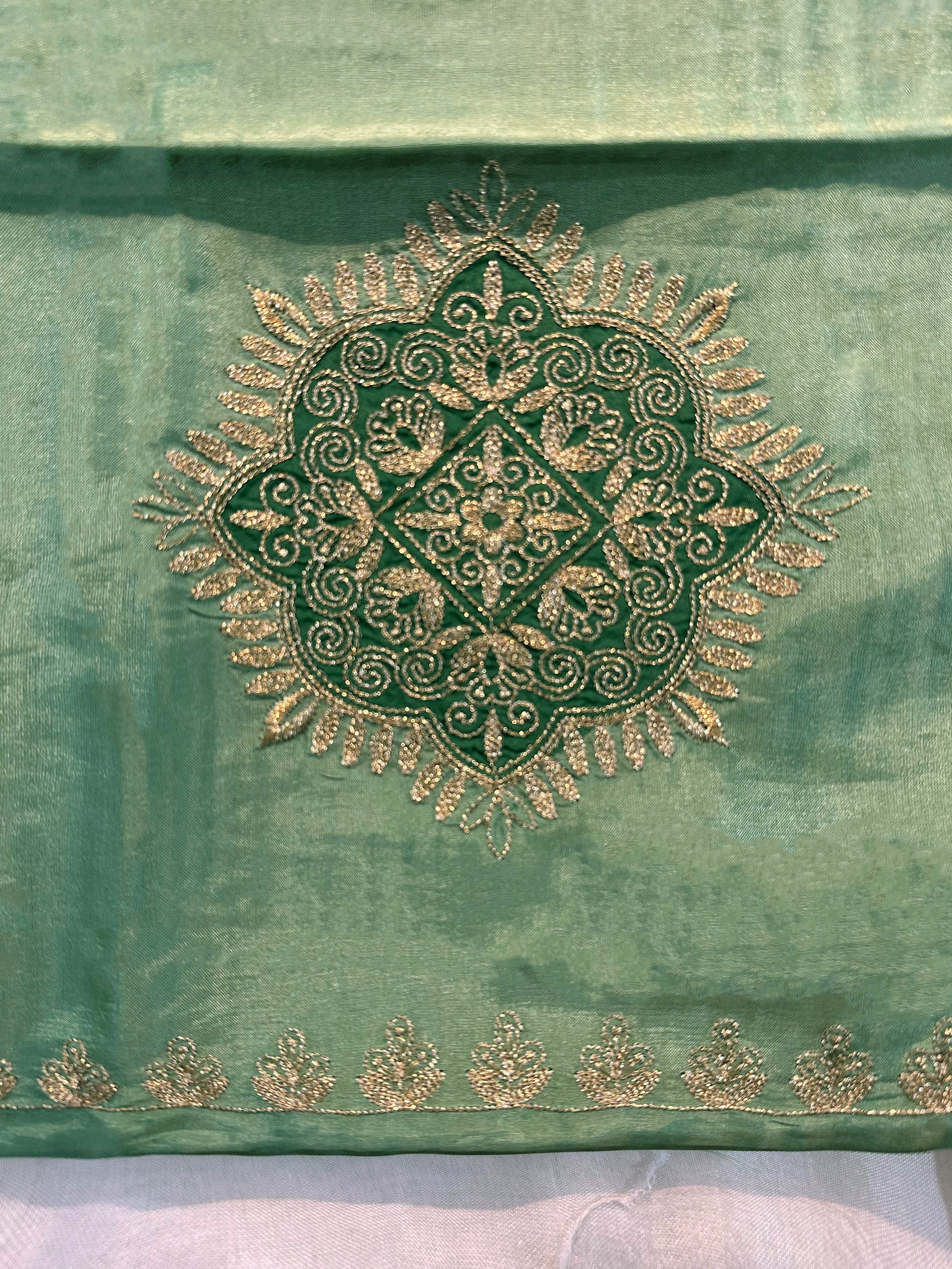 Glass Tissue Fabric Green Color Unstitched Suit Set