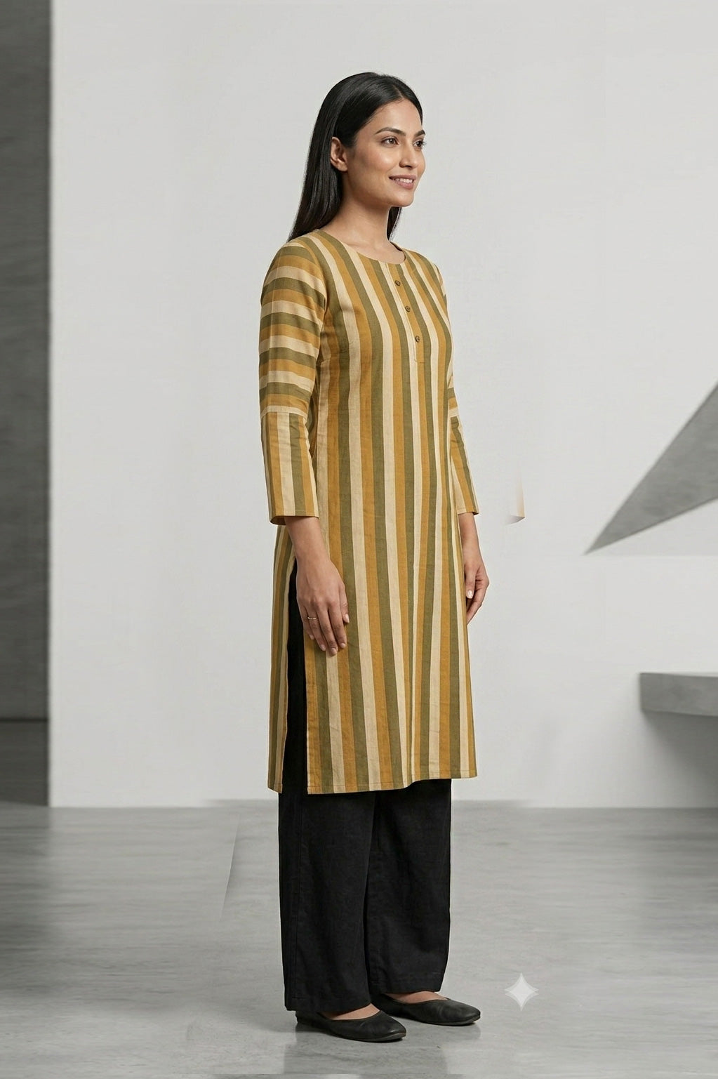 Vertical Striped Kurta & Wide-Leg Palazzo Set – Mustard Brown