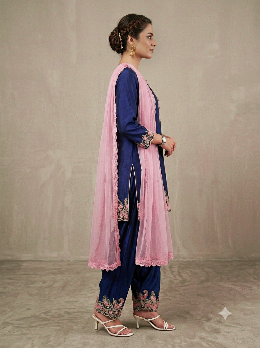 Embroidered Navy Blue Cotton Farshi Salwar Suit Set