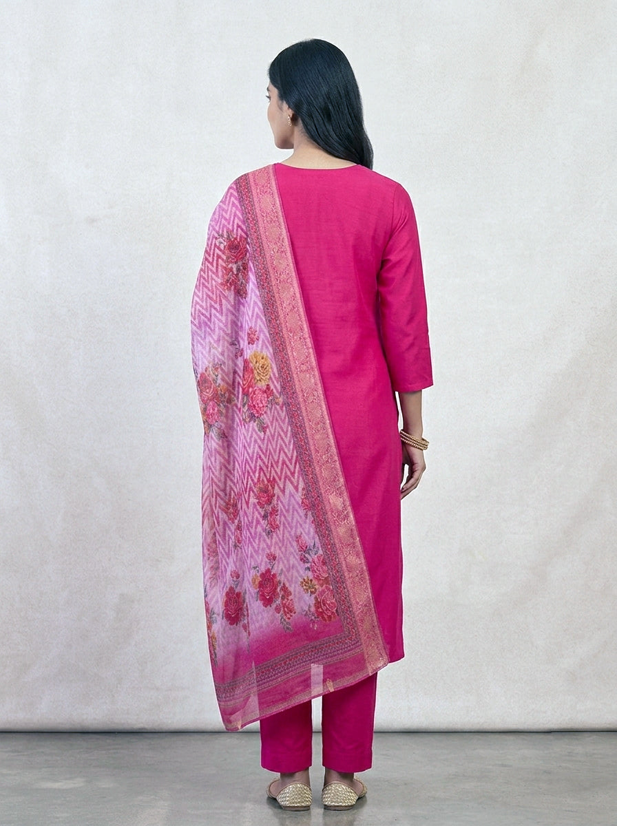 Embroidered Cotton Straight Suit Set with Printed Dupatta – Rani Pink