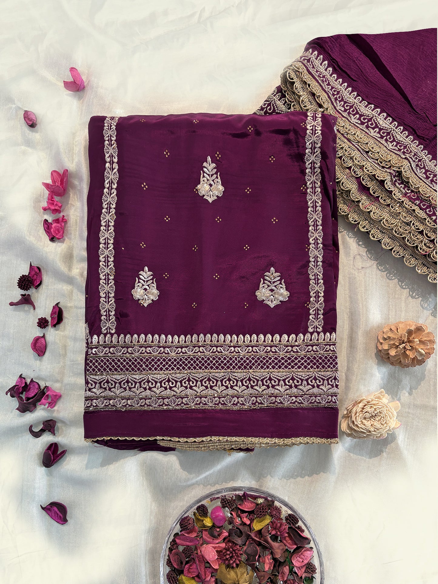 Unstitched Suit Set | Crepe Fabric | Wine and Blue