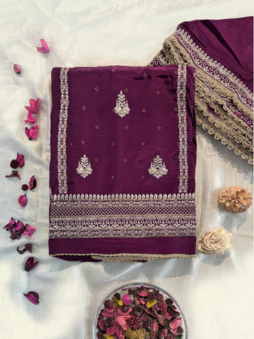 Unstitched Suit Set | Crepe Fabric | Wine and Blue