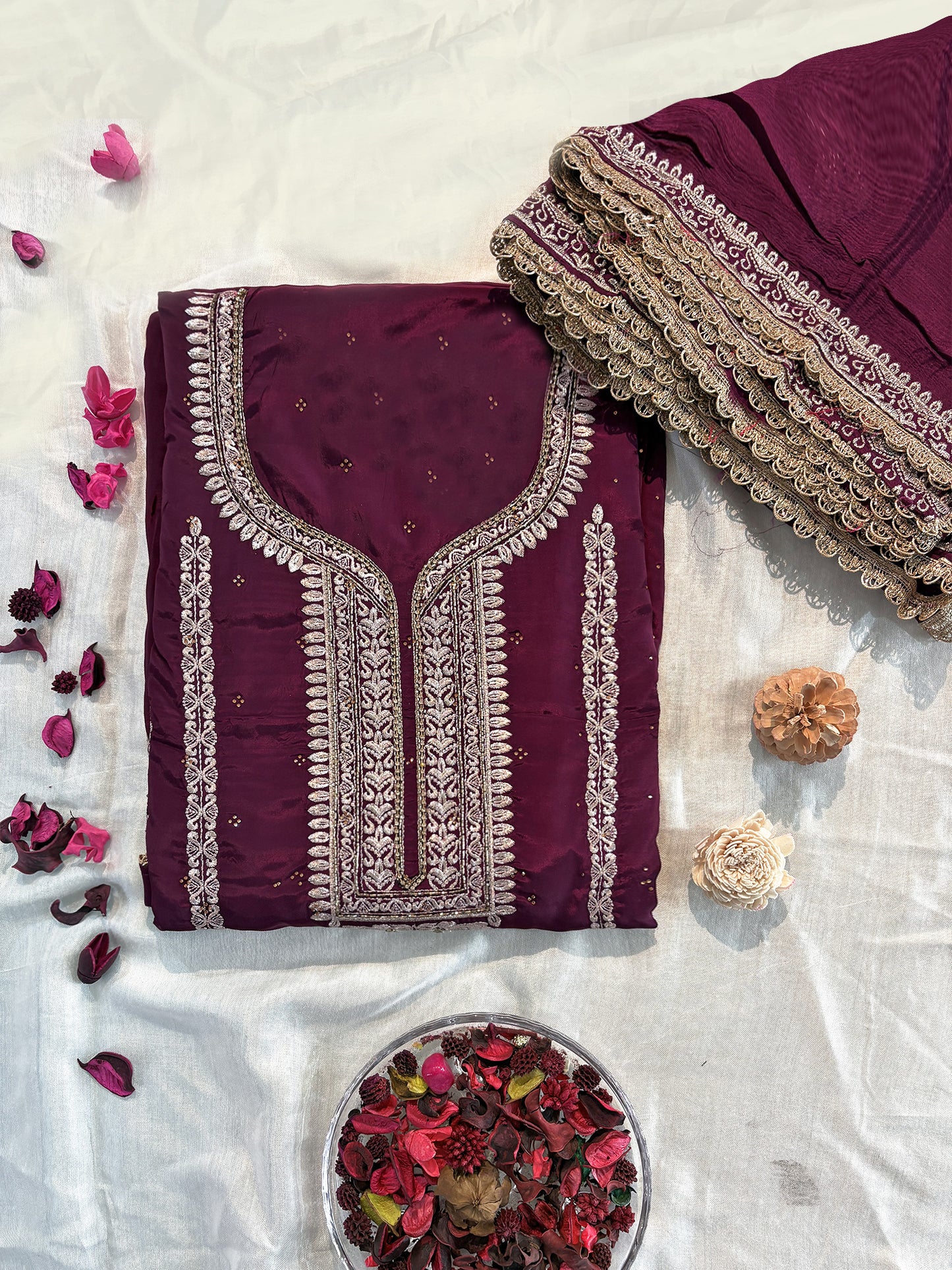 Unstitched Suit Set | Crepe Fabric | Wine and Blue
