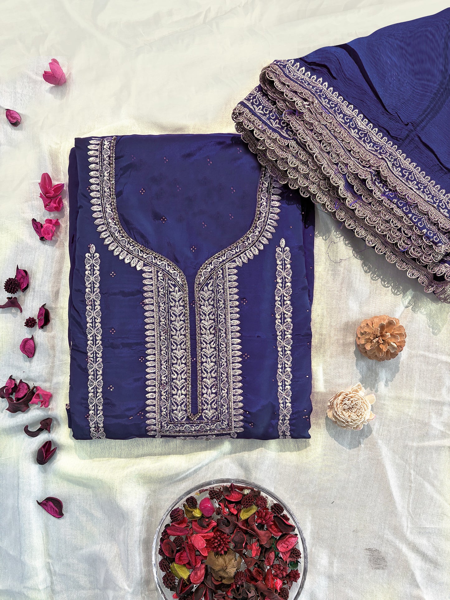 Unstitched Suit Set | Crepe Fabric | Wine and Blue