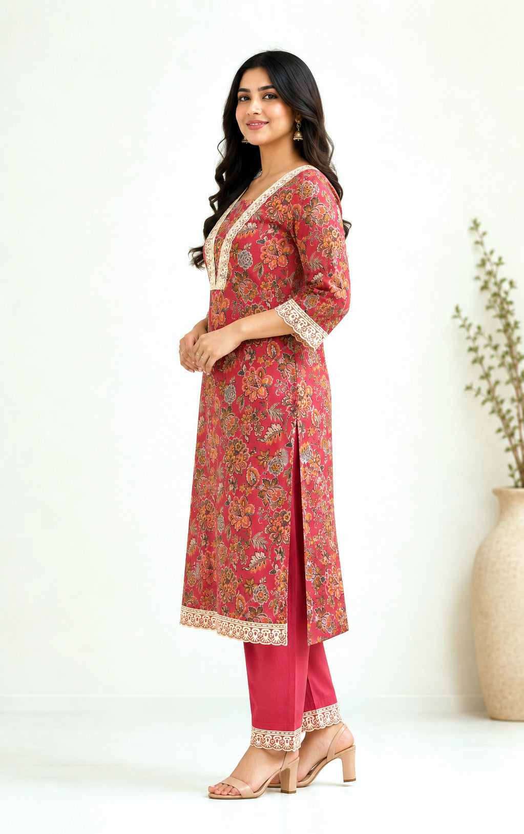 Pure Cotton Floral Block Print Suit Set with Lace Work – Coral Pink