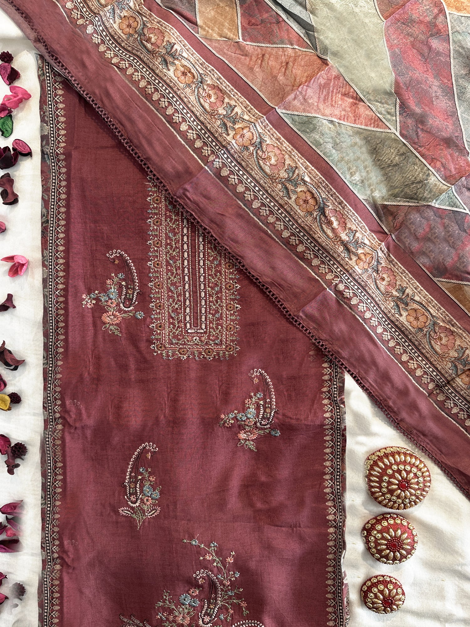 Muslin Fabric Unstitched Suit Set Onion Color