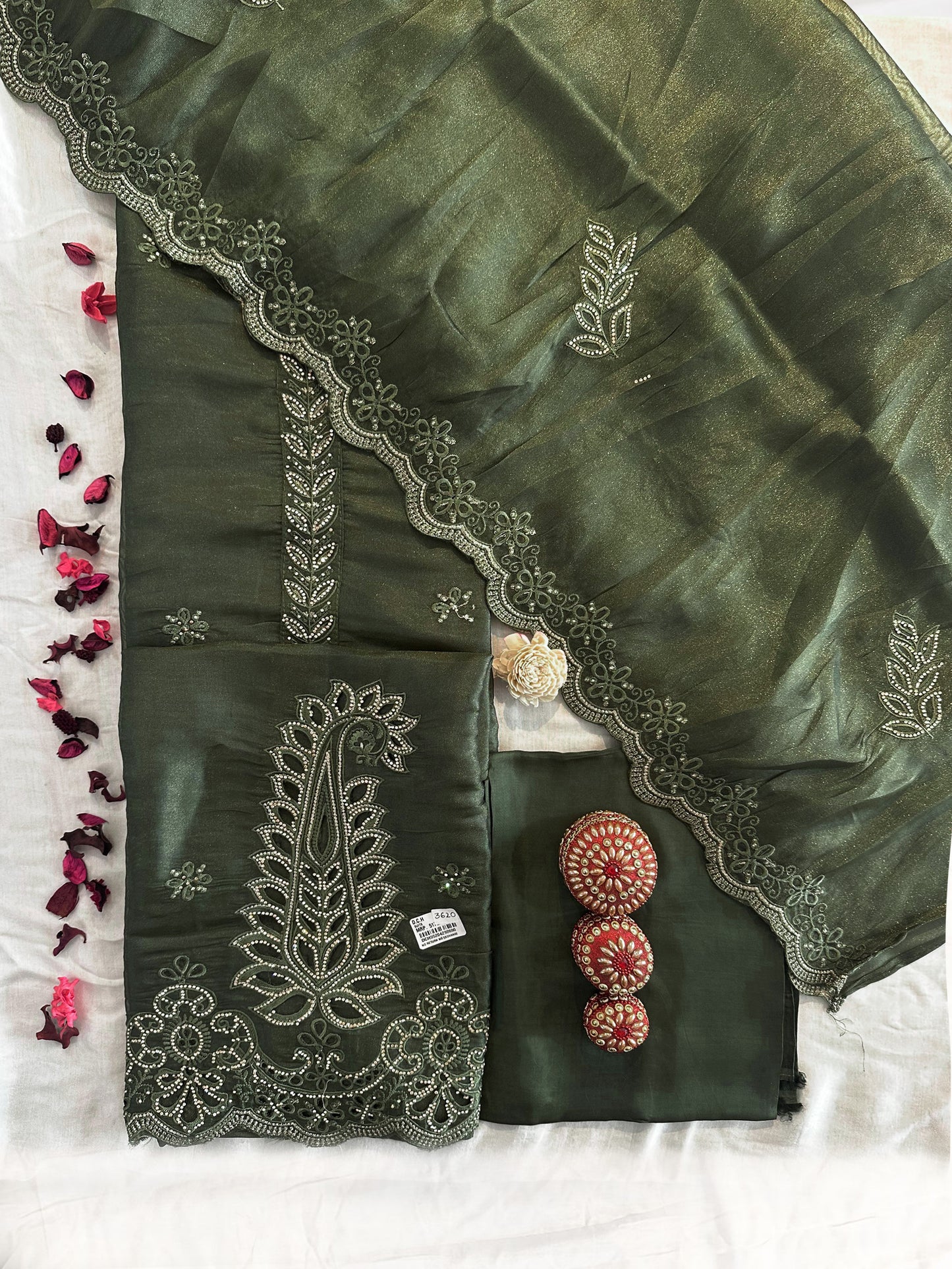 Canadian Silk Fabric Unstitched Suit Set Green and Grey Color