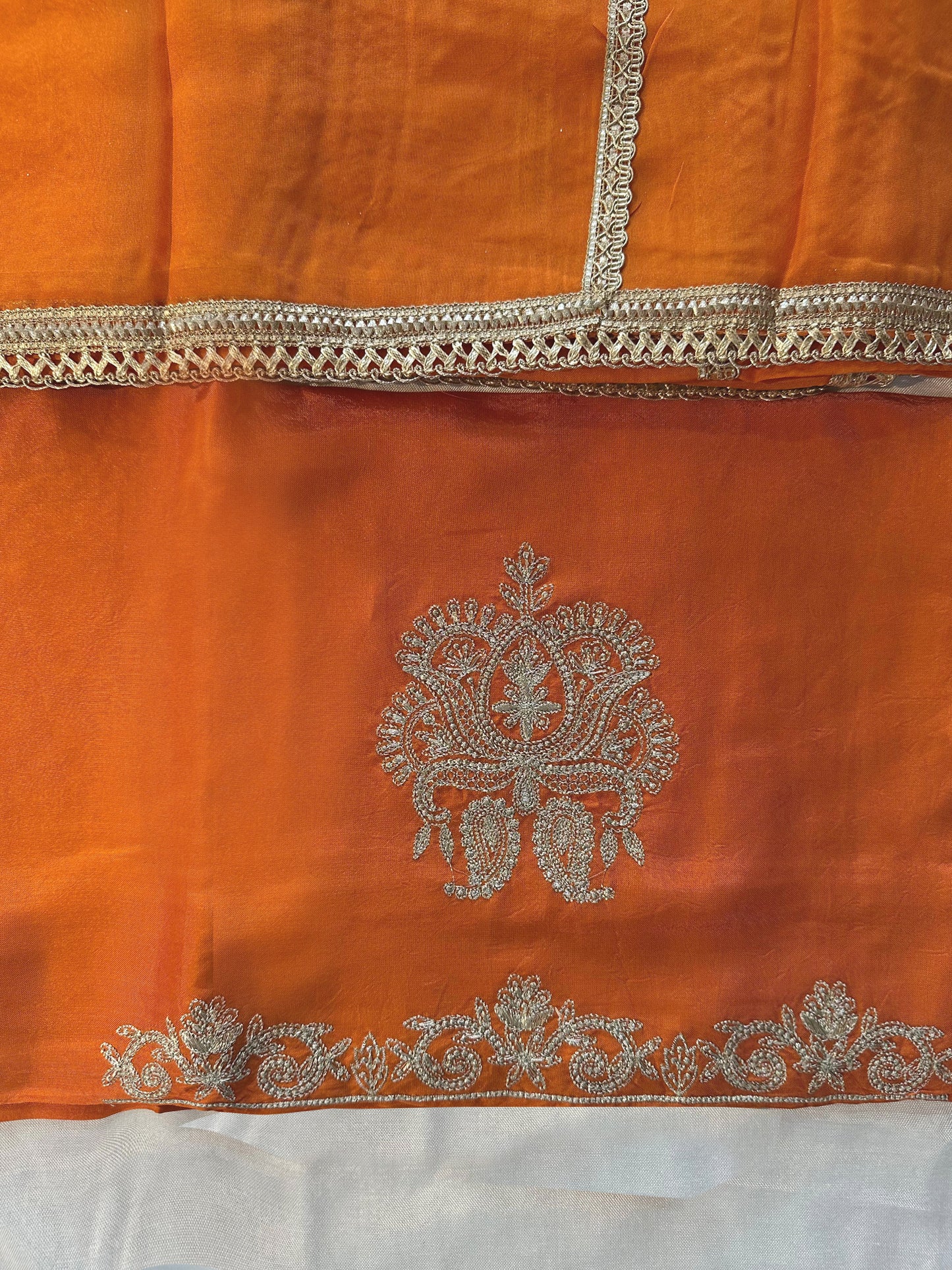 Viscose Organza Unstitched Suit Set Orange and Turquoise Colors