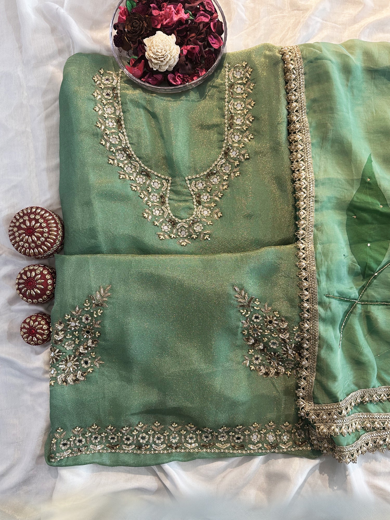Shimmer Silk Emerald Green Unstitched Suit Set