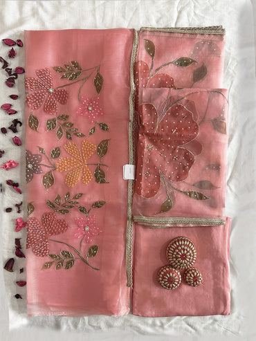 Sasha Fabric Unstitched Suit Set Peach and Sky Blue Color