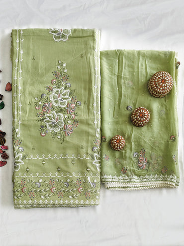 Unstitched Suit Set with Embroidered Dupatta Linen Cotton | Pista Green