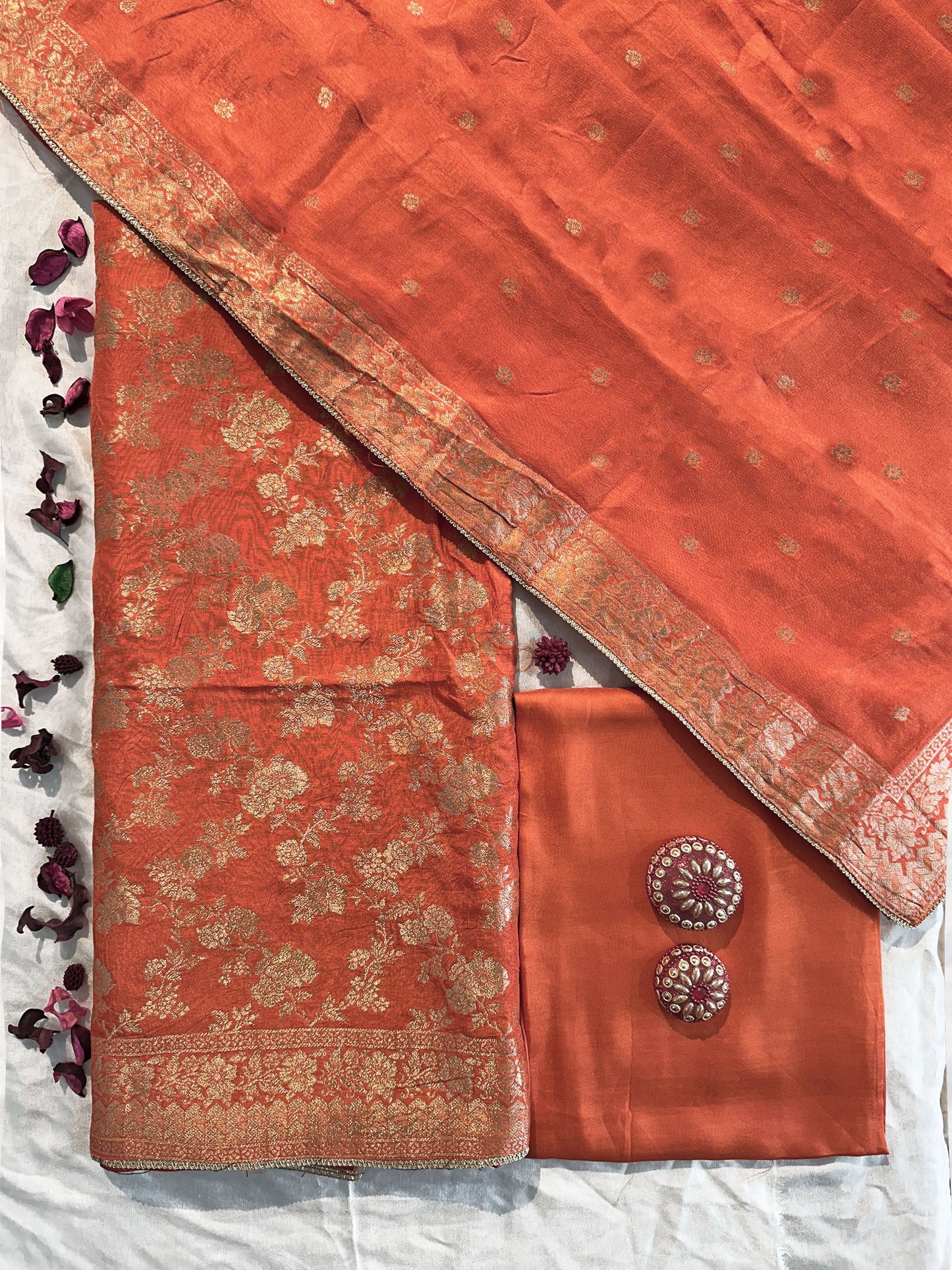Ganga Silk Fabric Unstitched Suit Set | Red and orange