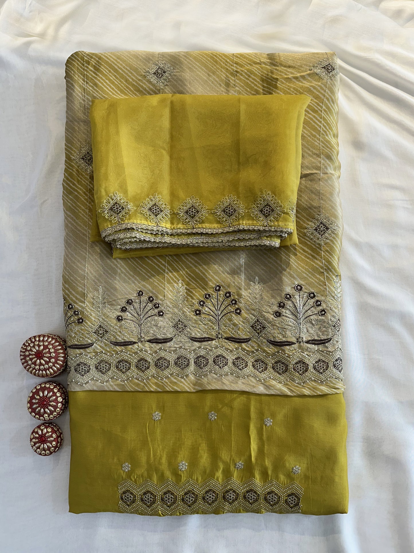 Shimmer Organza Fabric Unstitched Suit Set  Yellow and Peach Colors