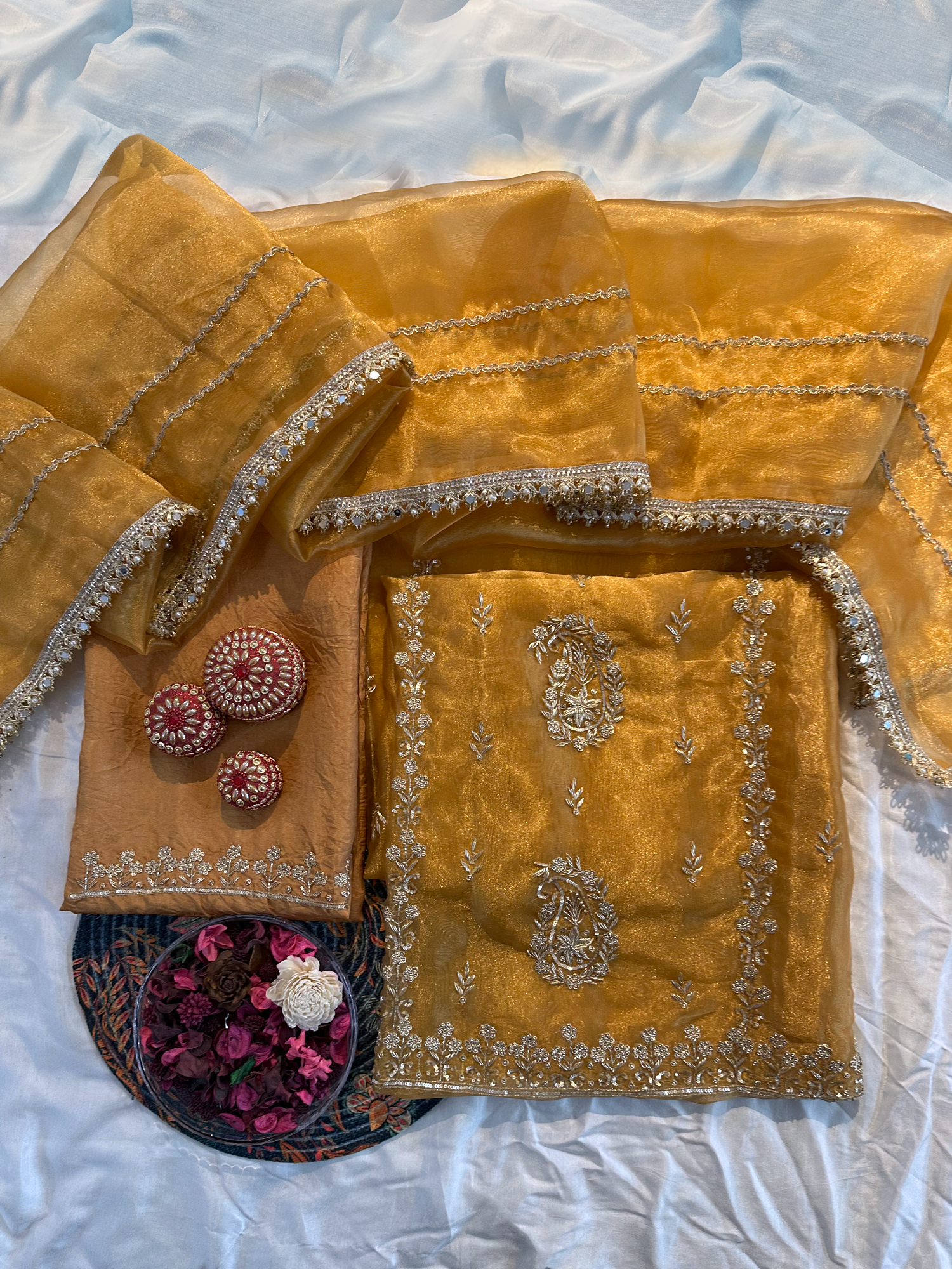 Glass Tissue Fabric Gold Color Unstitched Suit Set