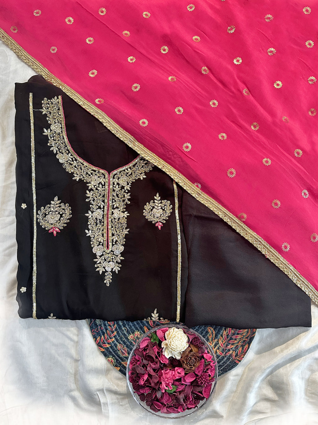 Viscose Organza Black with Magenta Dupatta Unstitched Suit Set