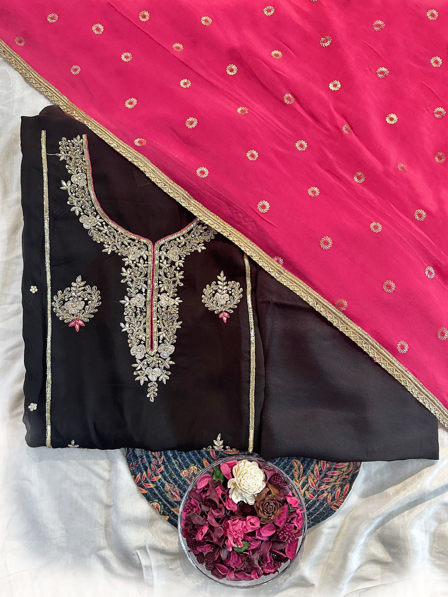 Viscose Organza Black with Magenta Dupatta Unstitched Suit Set