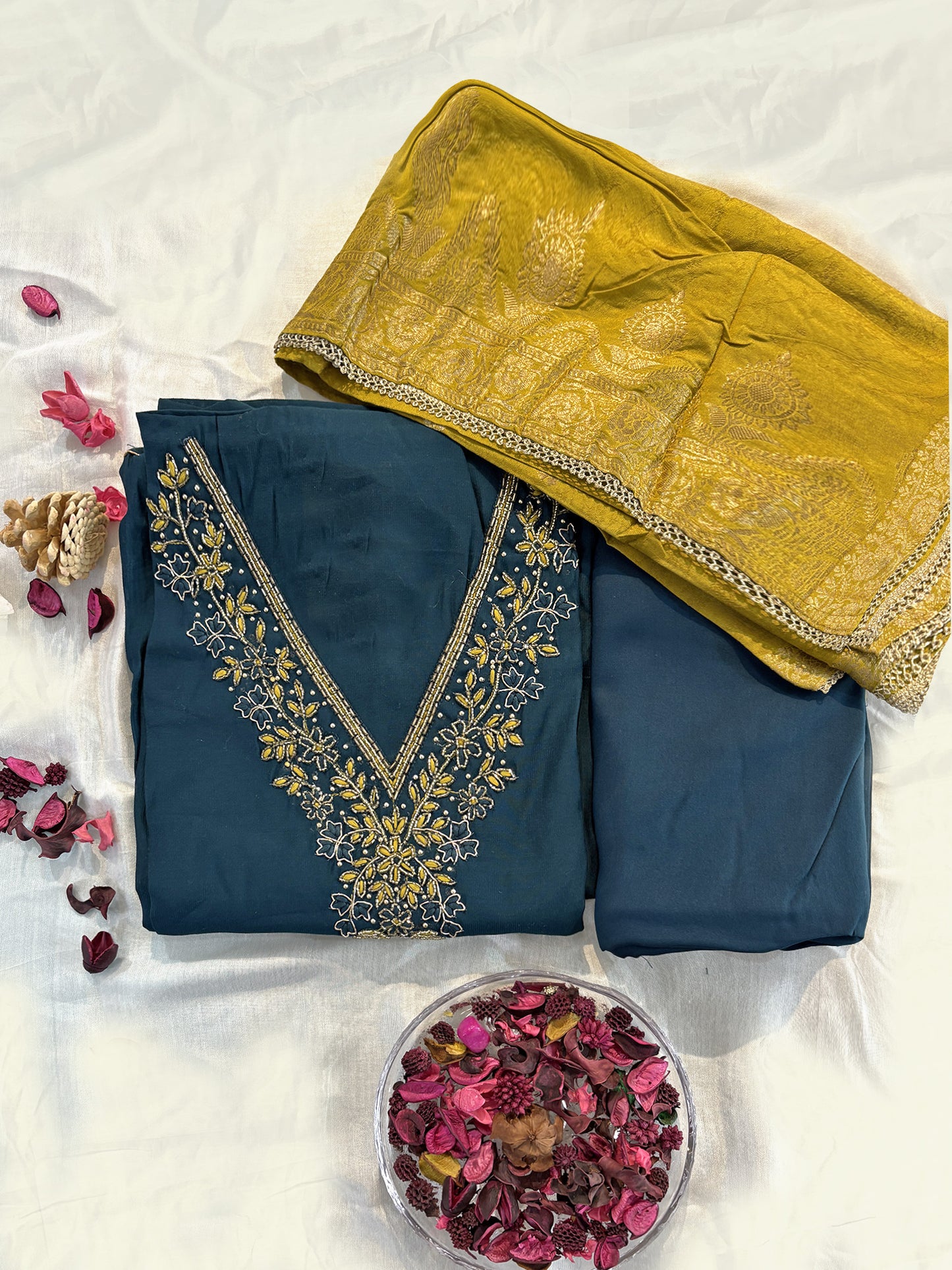 Dola Silk Unstitched Suit Set | Peacock