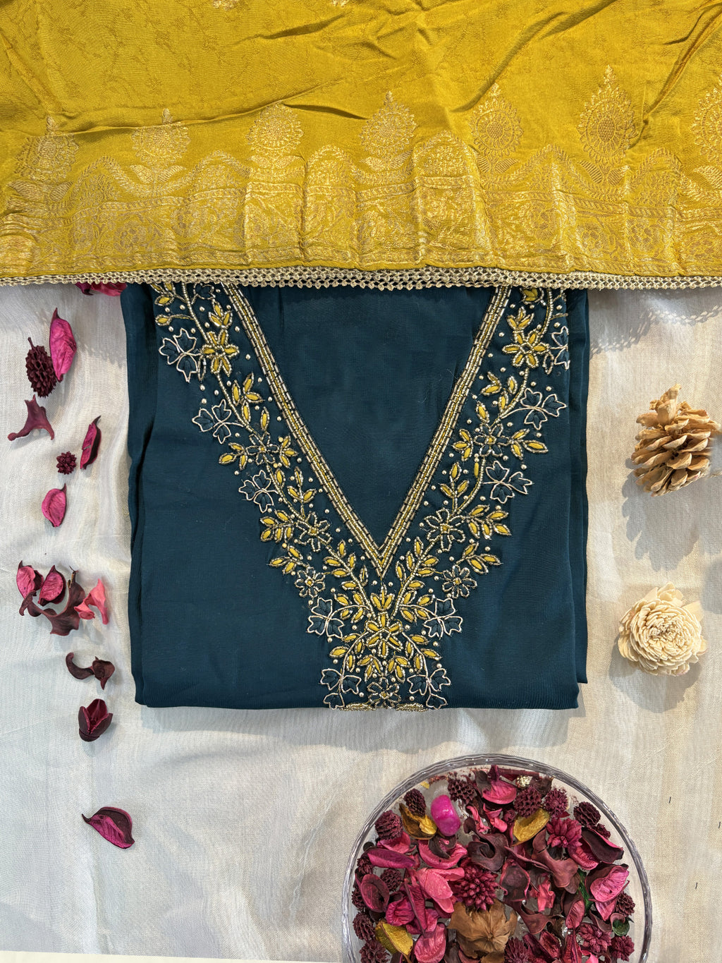 Dola Silk Peacock Color Unstitched Suit Set