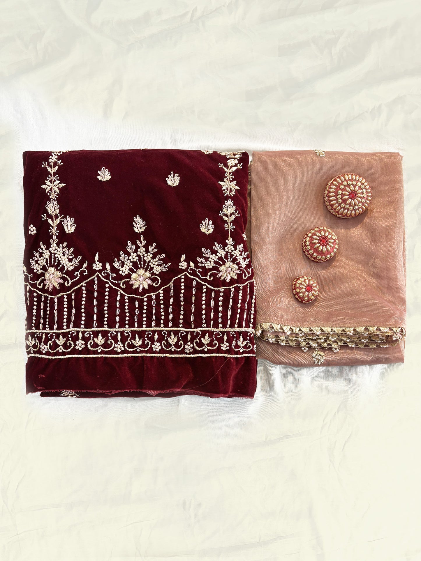 Velvet Fabric Unstitched Suit Set Maroon color