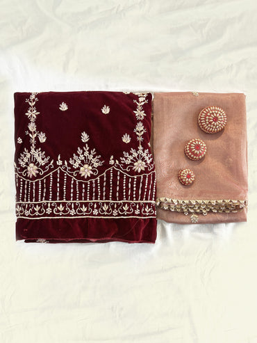 Velvet Fabric Unstitched Suit Set Maroon color