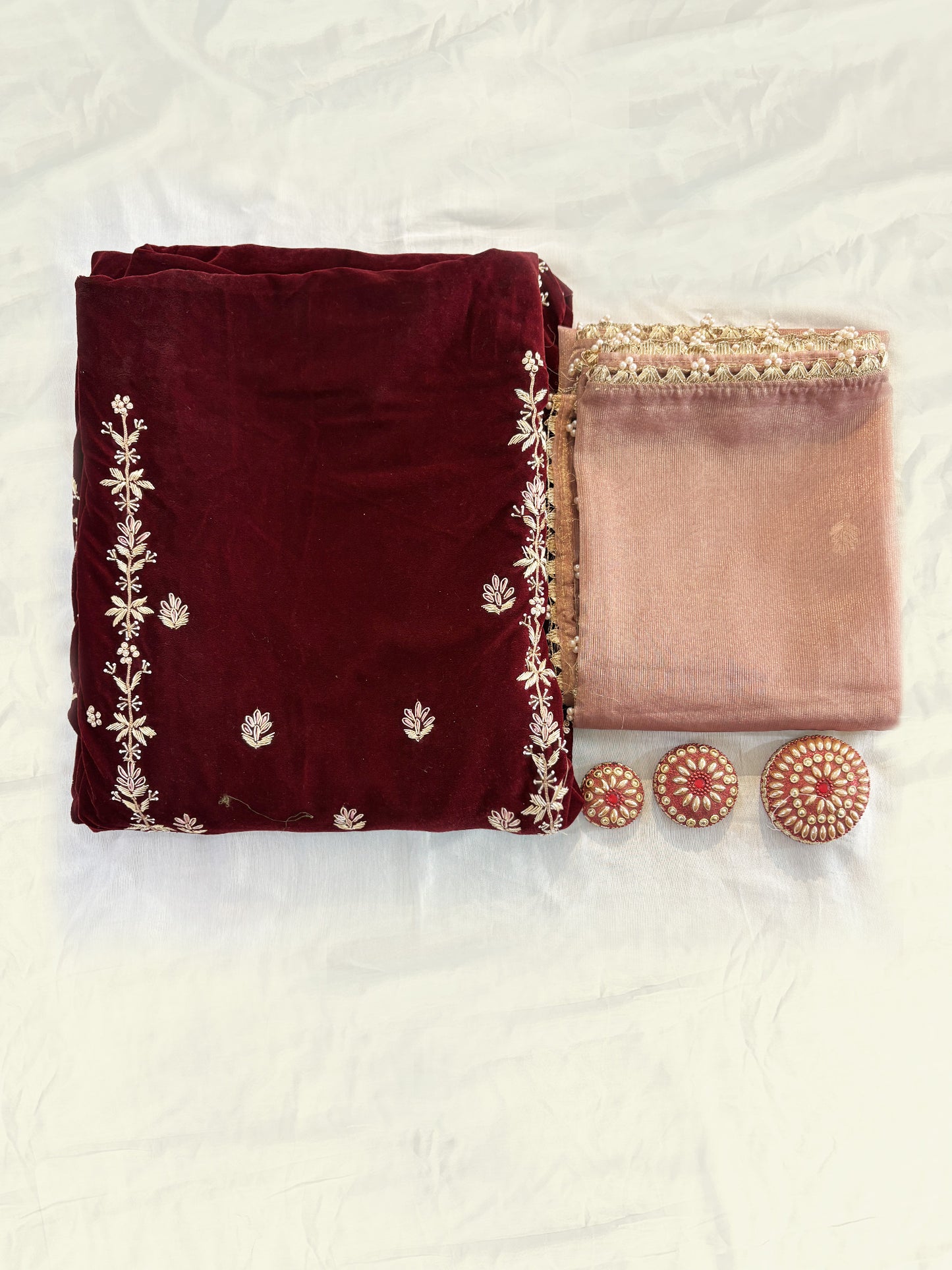 Velvet Fabric Unstitched Suit Set Maroon color