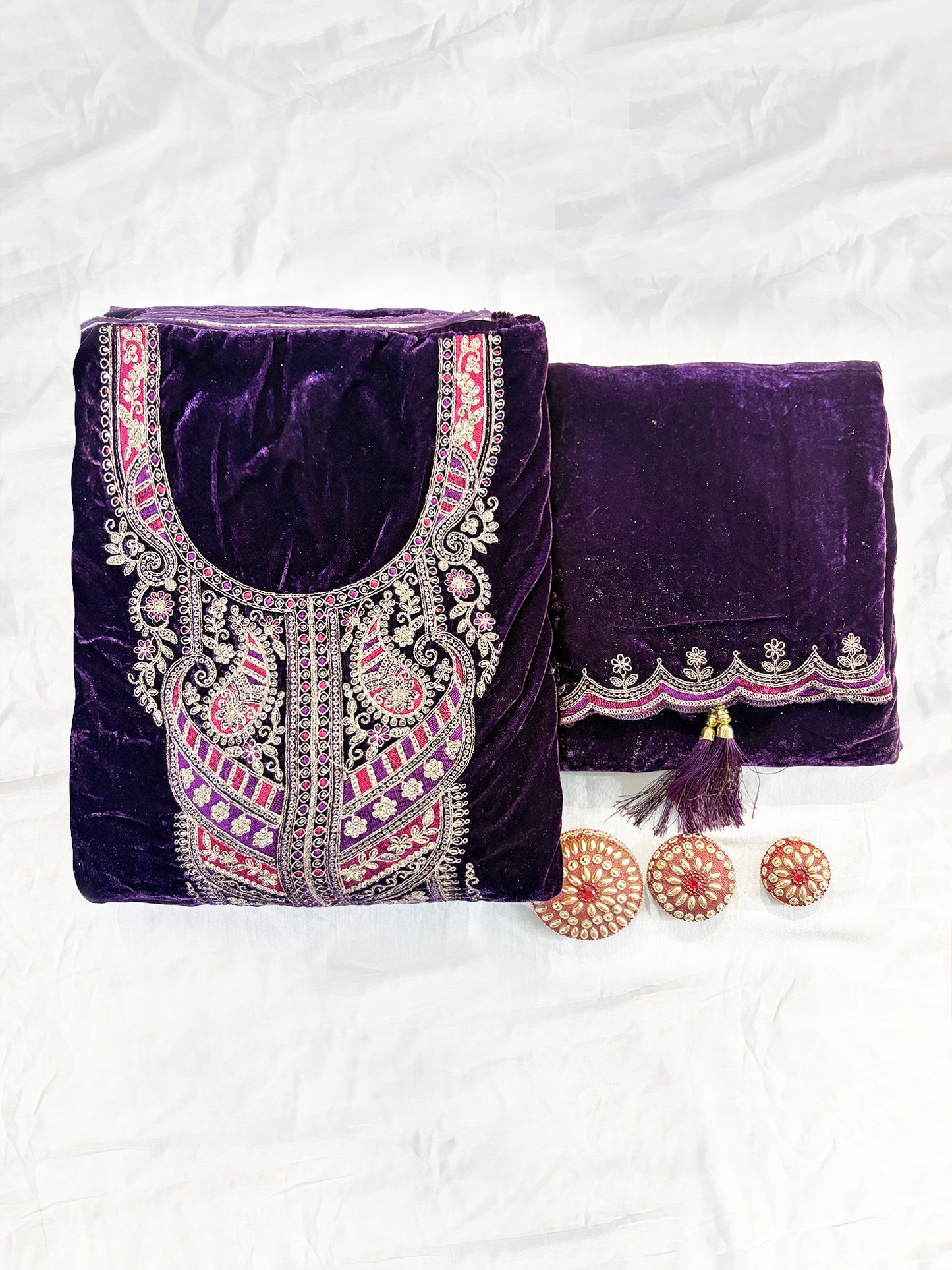 Velvet Fabric  Unstitched Suit Set Purple/Wine/Green/Maroon/Pink