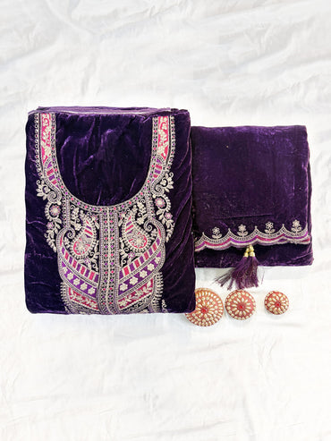 Velvet Fabric  Unstitched Suit Set Purple/Wine/Green/Maroon/Pink
