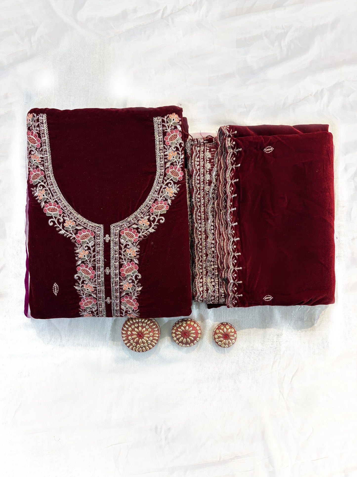 Velvet Fabric  Unstitched Suit Set Purple/Wine/Green/Maroon/Pink