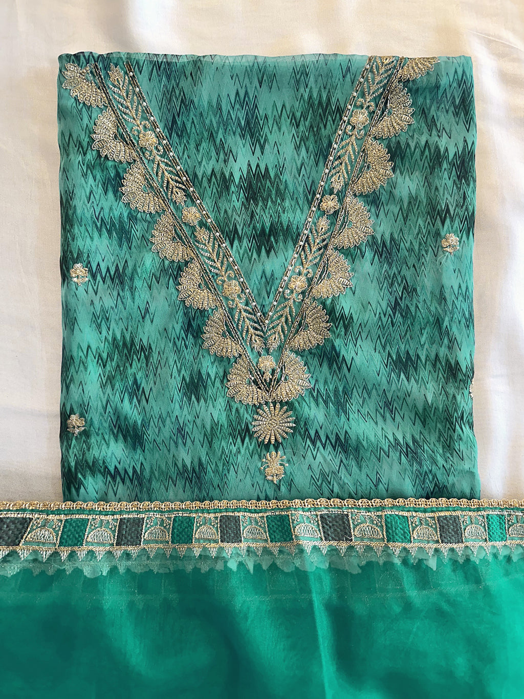Crepe Fabric Unstitched Suit Set Purple and Green