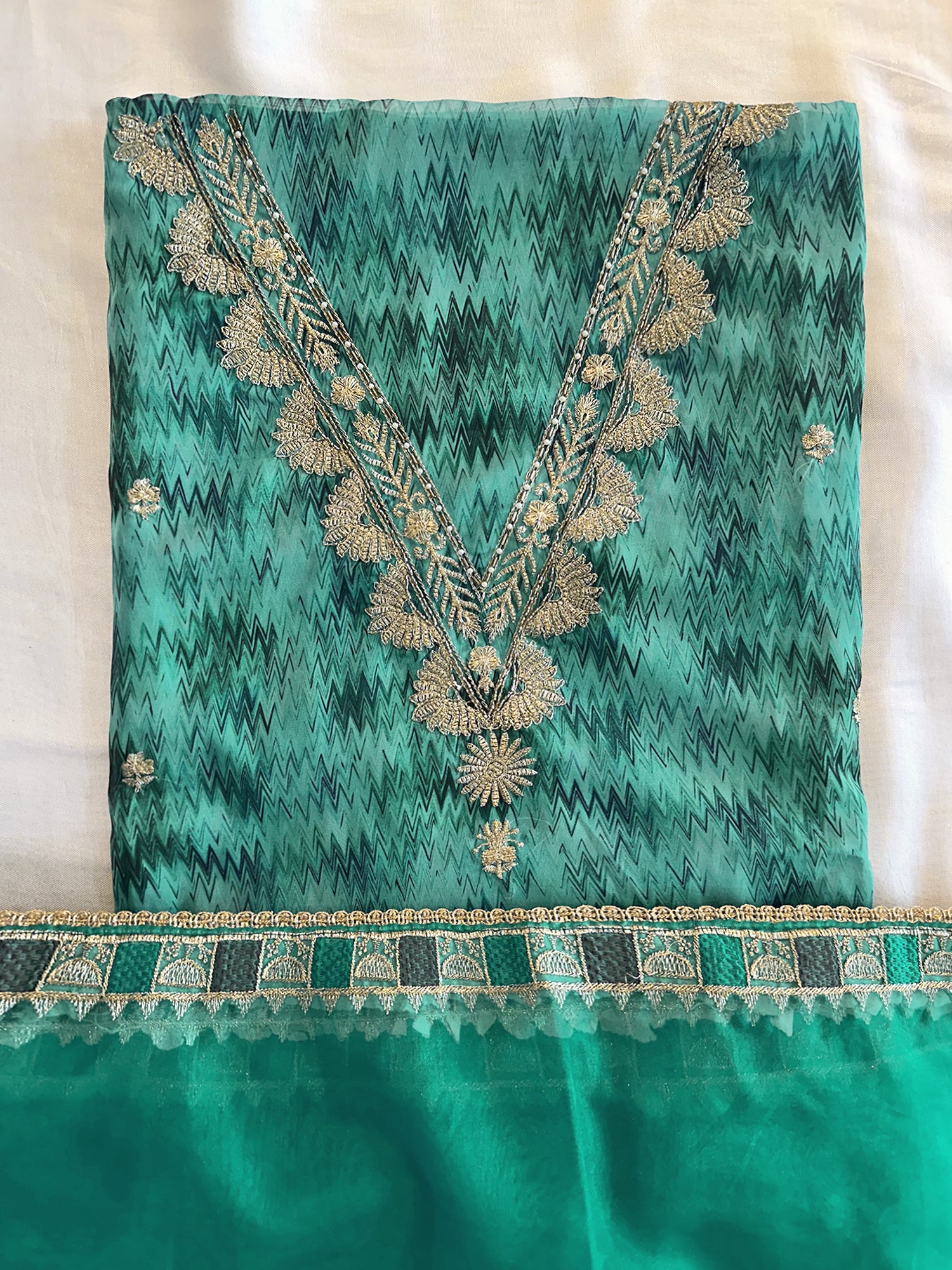 Crepe Fabric Unstitched Suit Set Purple and Green