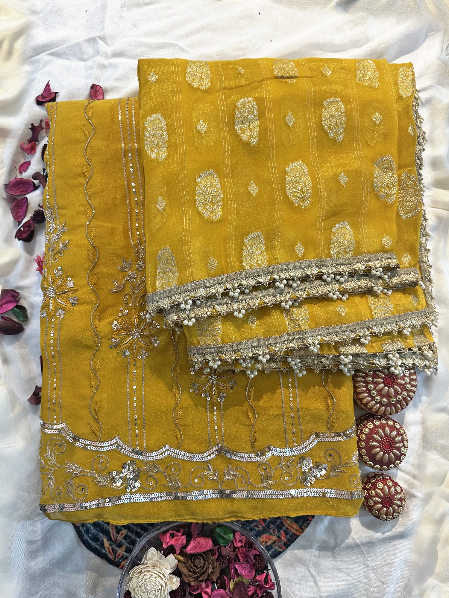 Shimmer Organza Fabric Yellow Unstitched Suit Set