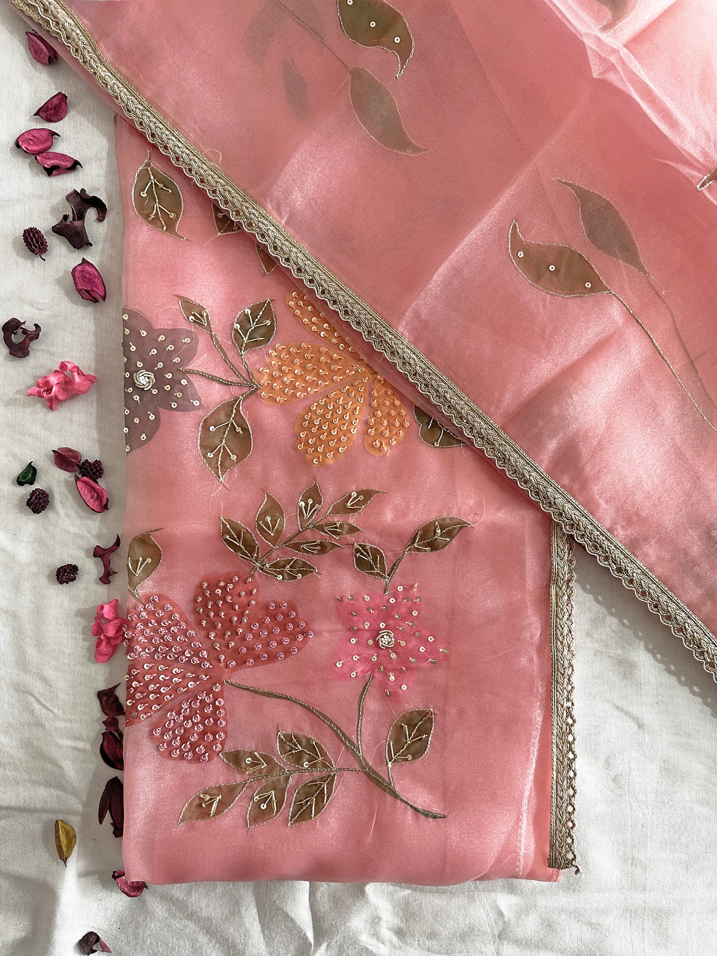 Sasha Fabric Unstitched Suit Set Peach and Sky Blue Color