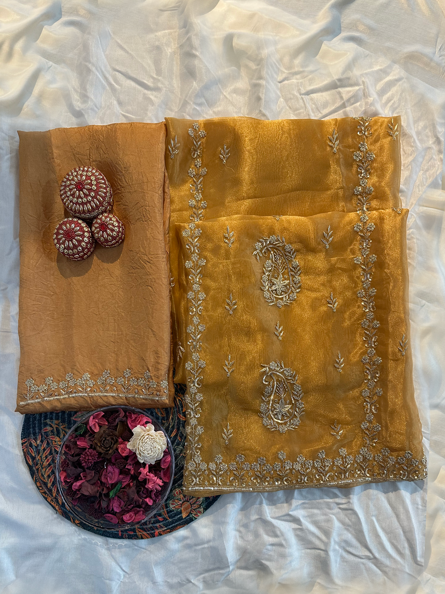 Glass Tissue Fabric Gold Color Unstitched Suit Set