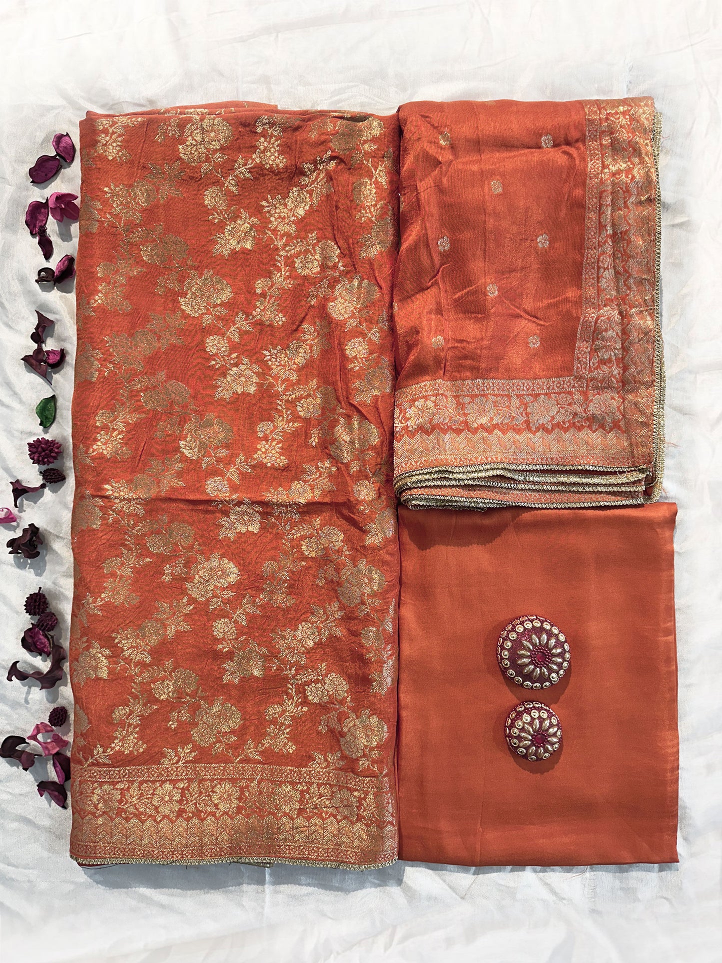 Ganga Silk Fabric Unstitched Suit Set | Red and orange