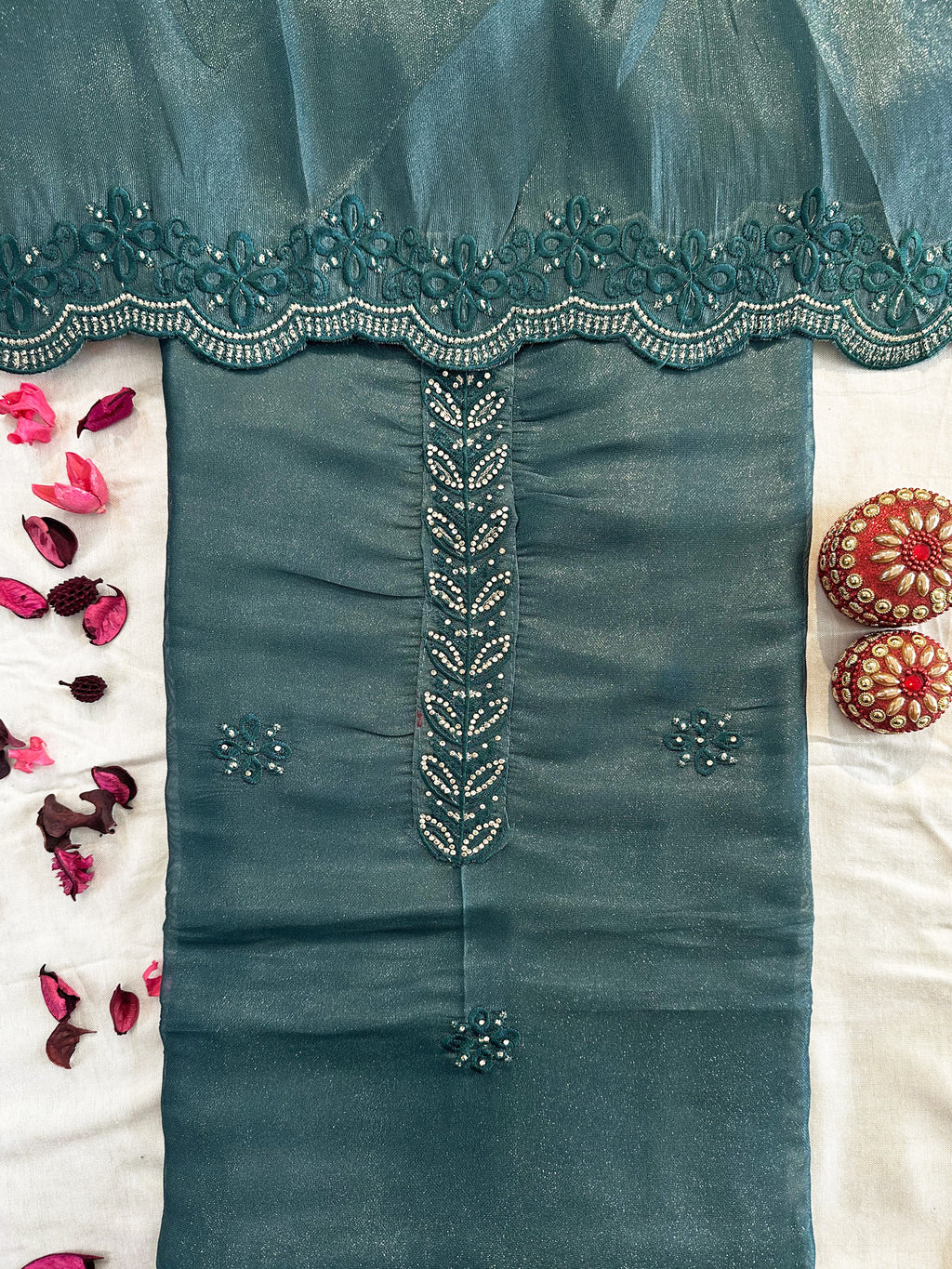 Canadian Silk Fabric Green and Grey Color Unstitched Suit Set