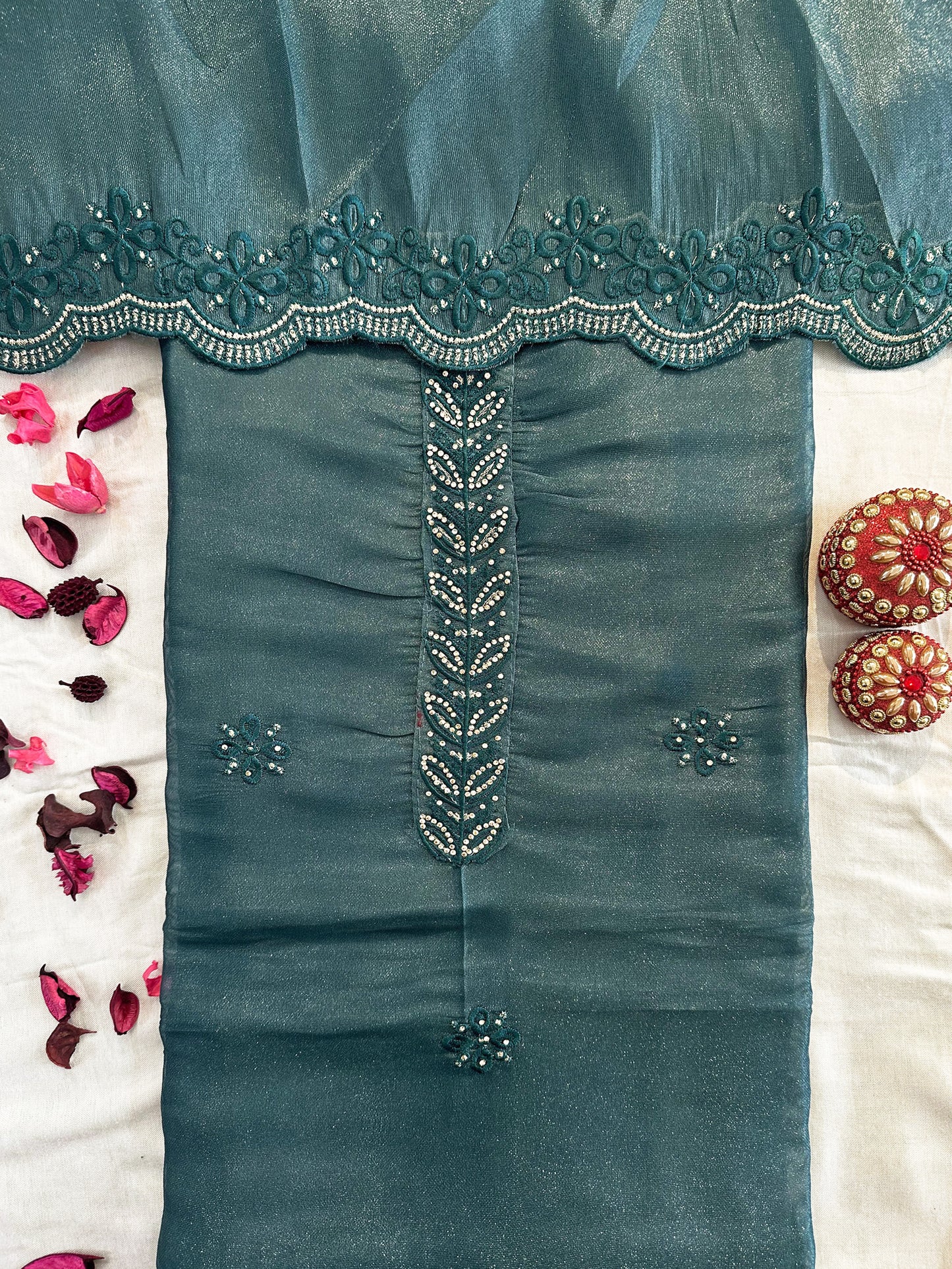 Canadian Silk Fabric Unstitched Suit Set Green and Grey Color