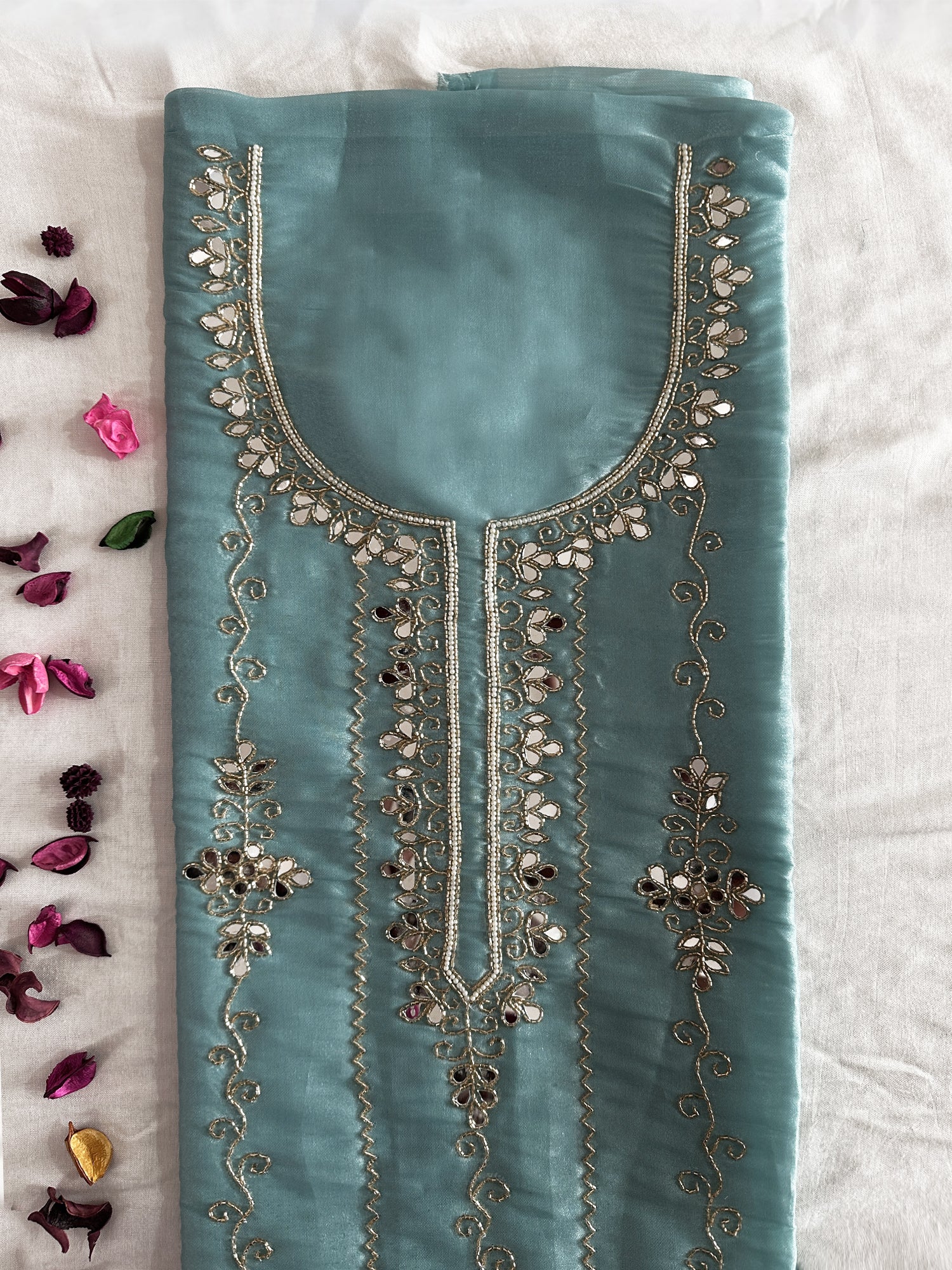 Canadian Silk Fabric Onion and Ice blue Color Unstitched Suit Set