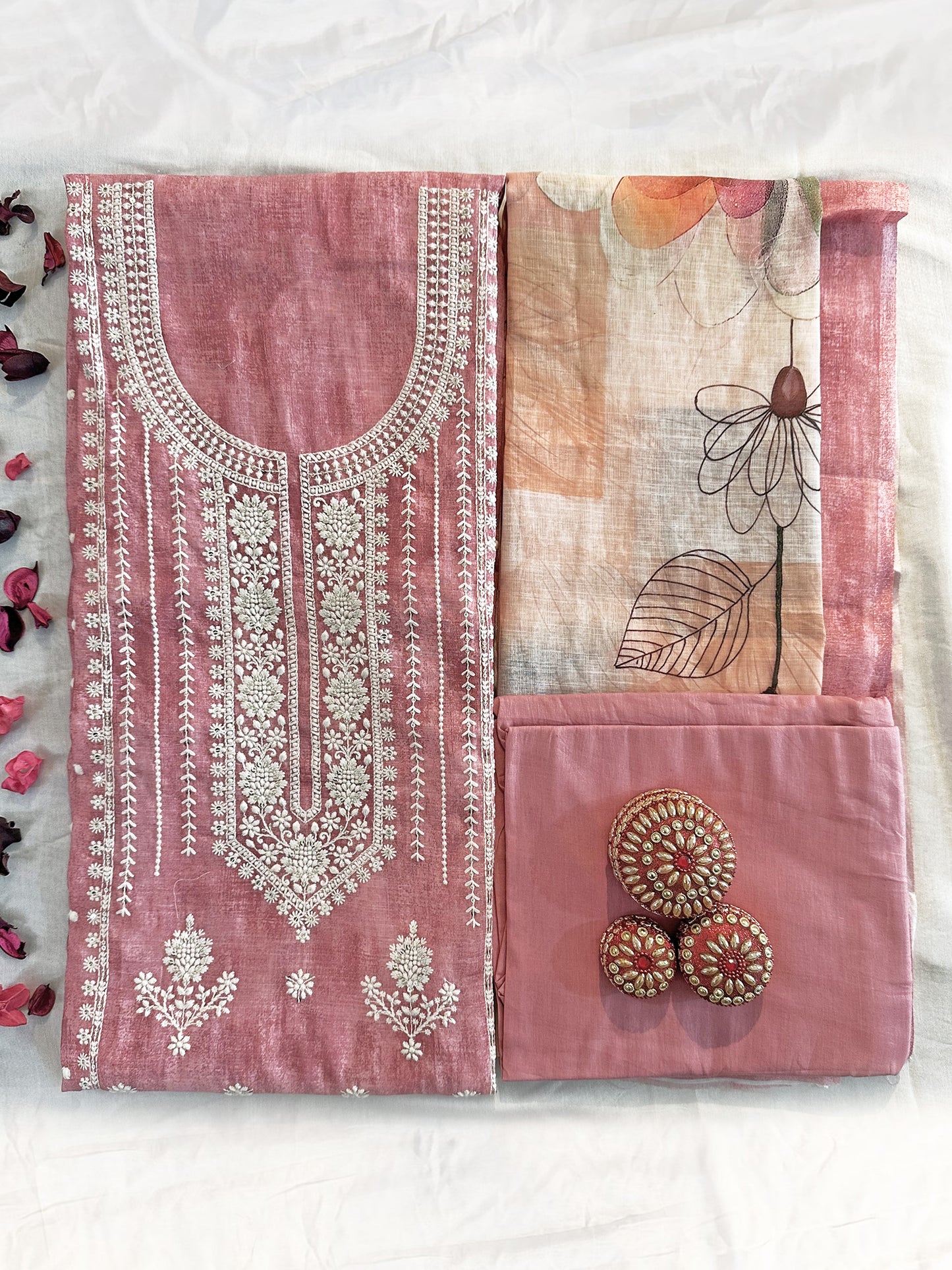 Linen Cotton Unstitched Suit Set Pista Green, Pink, Beige