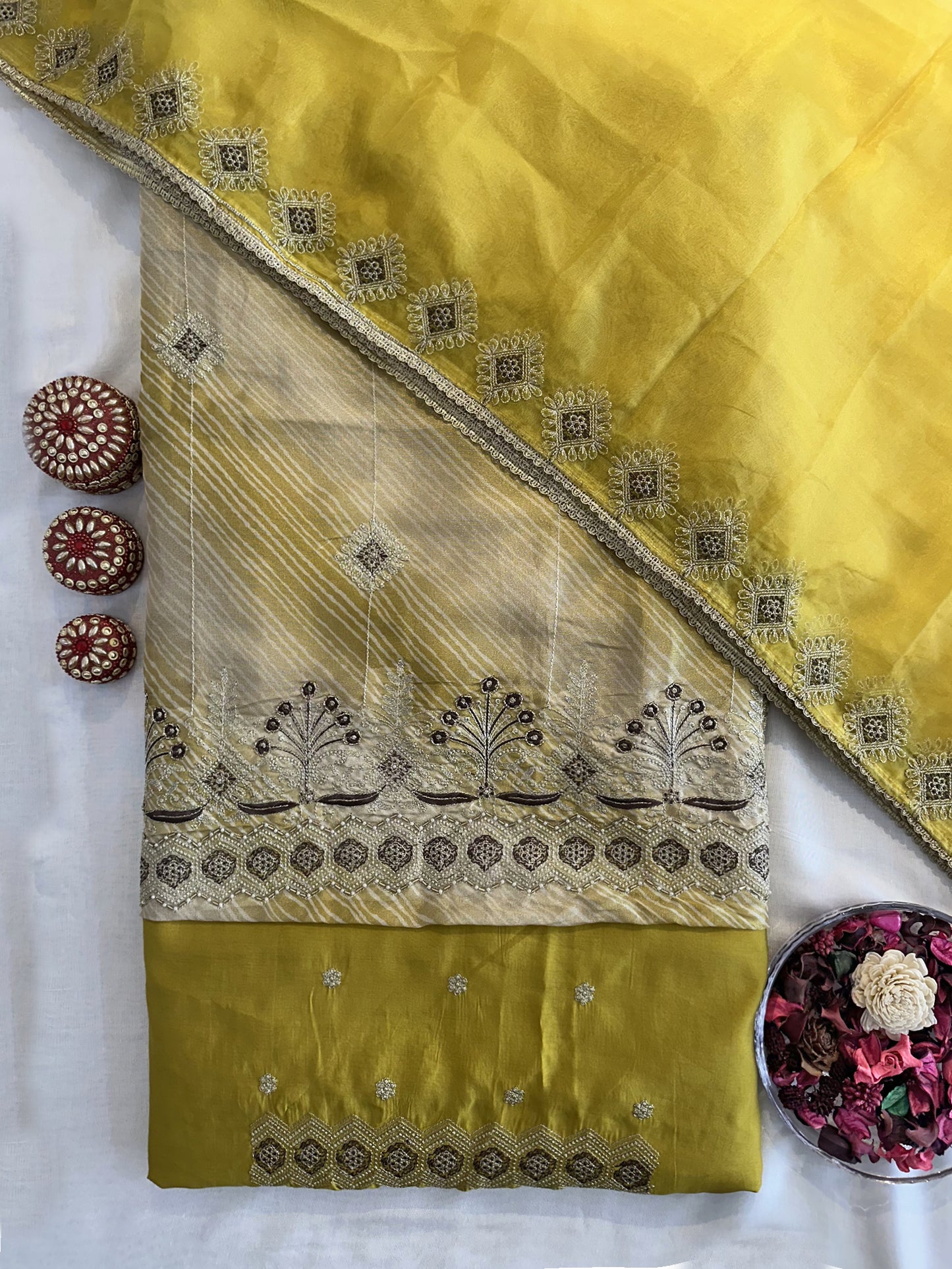 Shimmer Organza Fabric Unstitched Suit Set  Yellow and Peach Colors