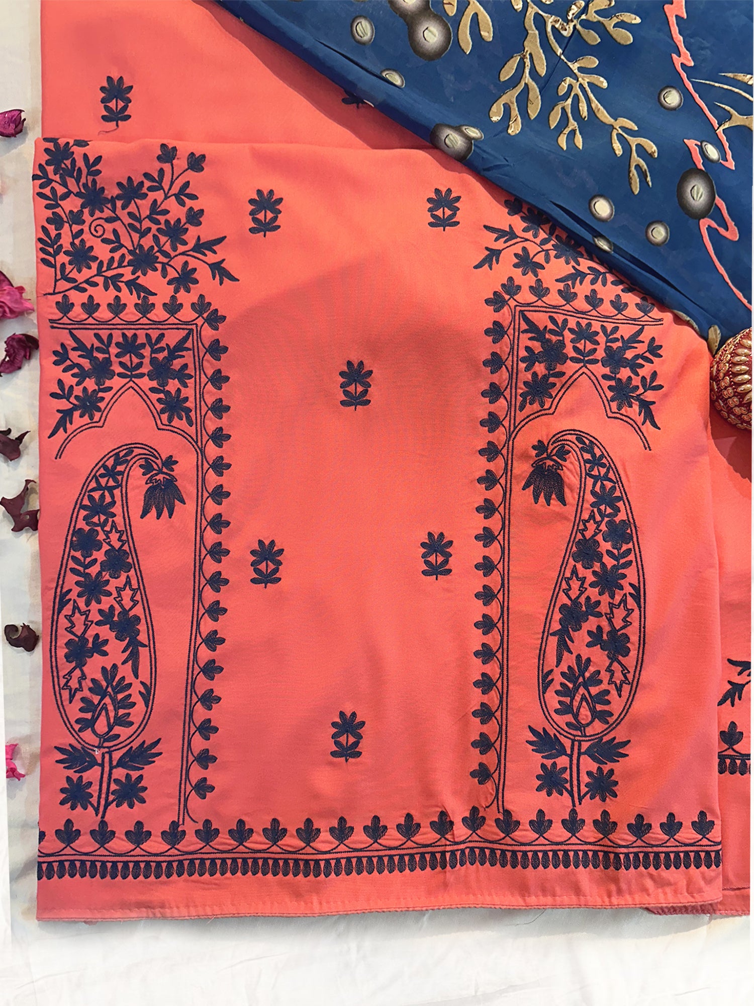 Cotton Fabric Unstitched Suit Set Peach and Mustard