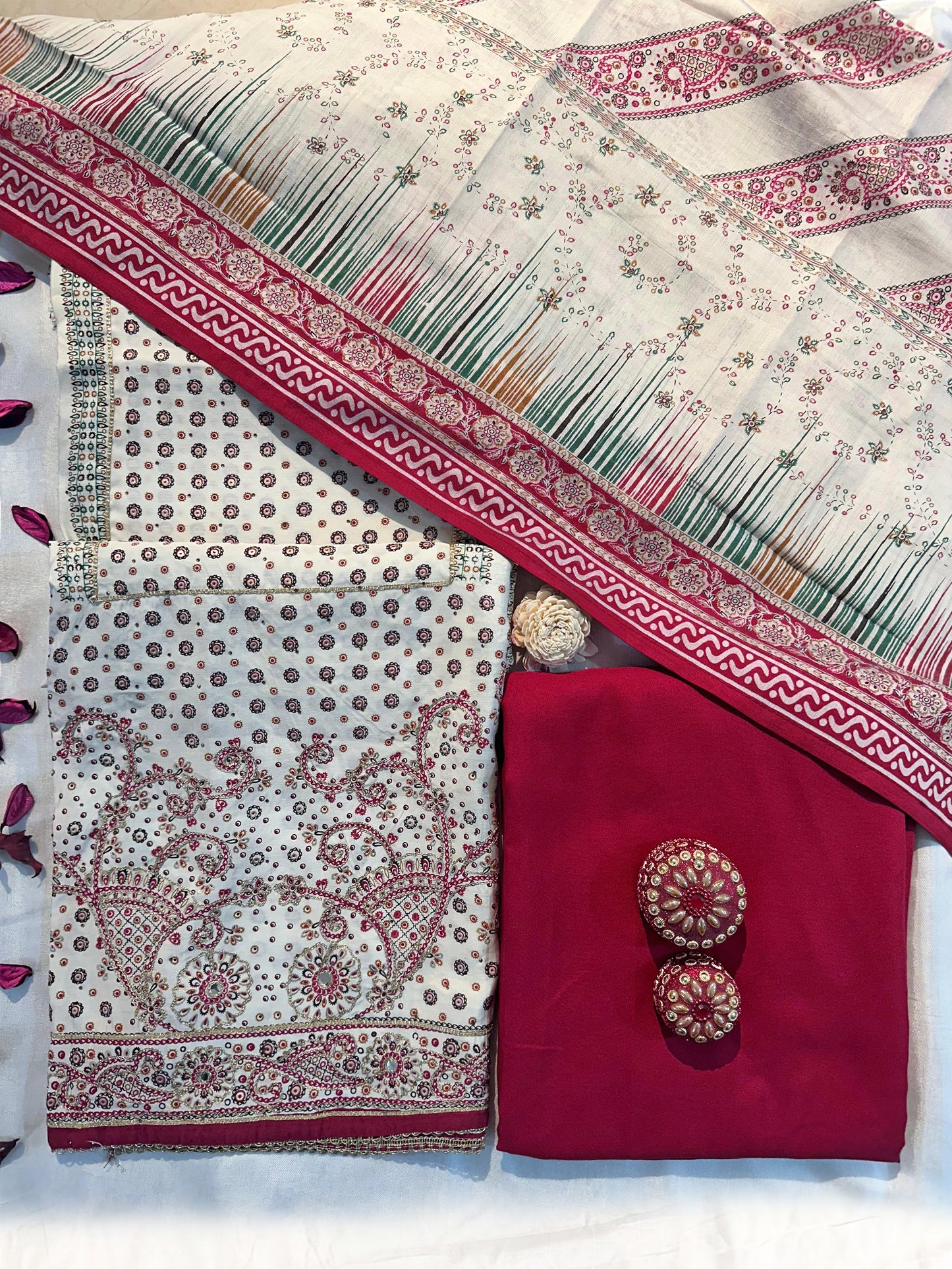 Muslin Fabric Unstitched Suit set Cream and Maroon