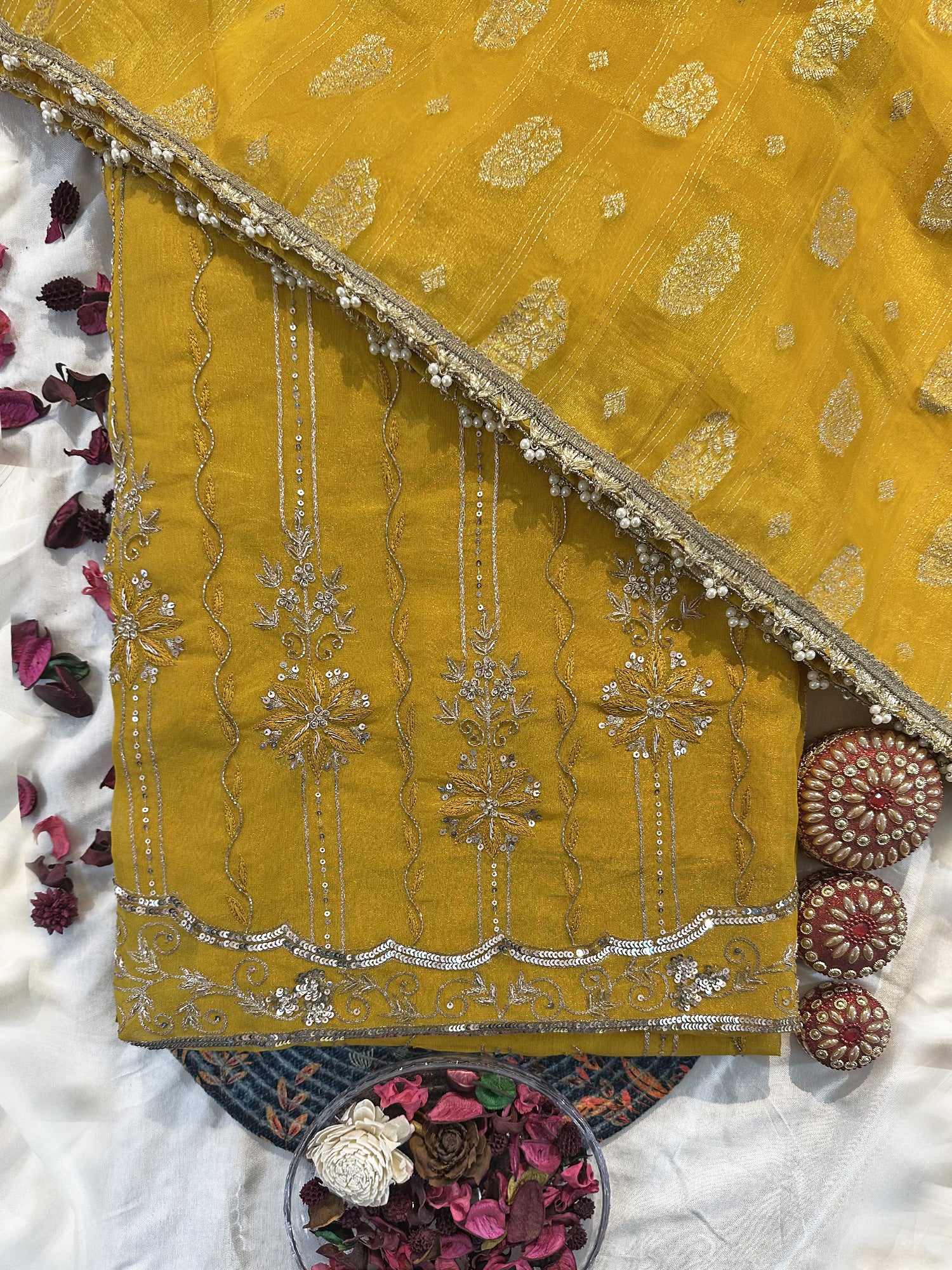 Shimmer Organza Fabric Yellow Unstitched Suit Set