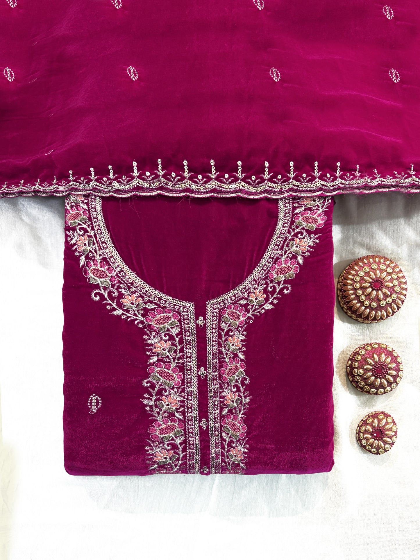 Velvet Fabric  Unstitched Suit Set Purple/Wine/Green/Maroon/Pink