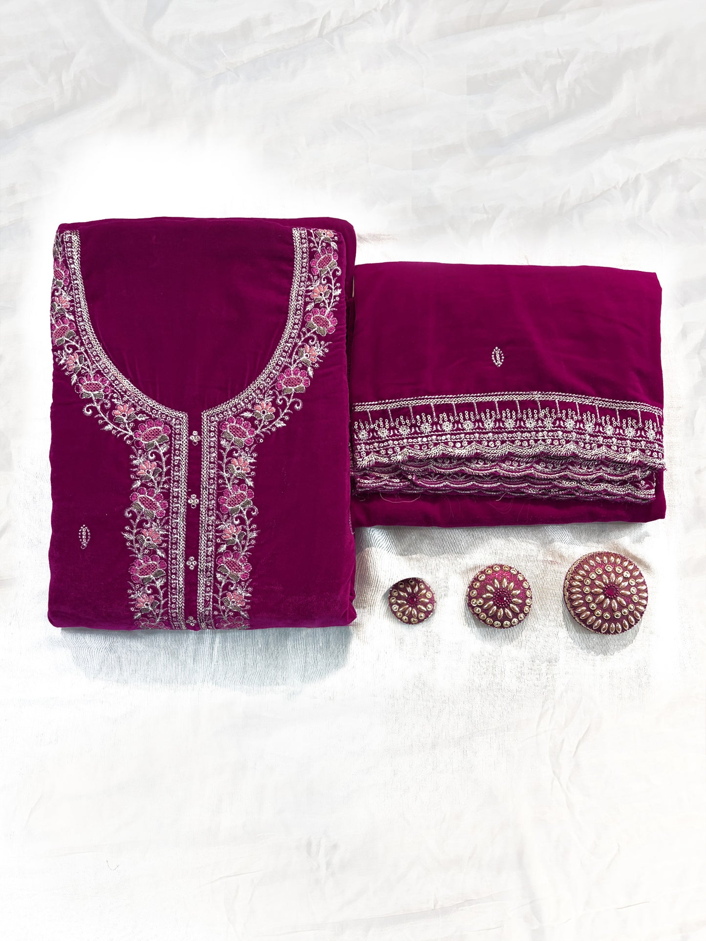 Velvet Fabric  Unstitched Suit Set Purple/Wine/Green/Maroon/Pink