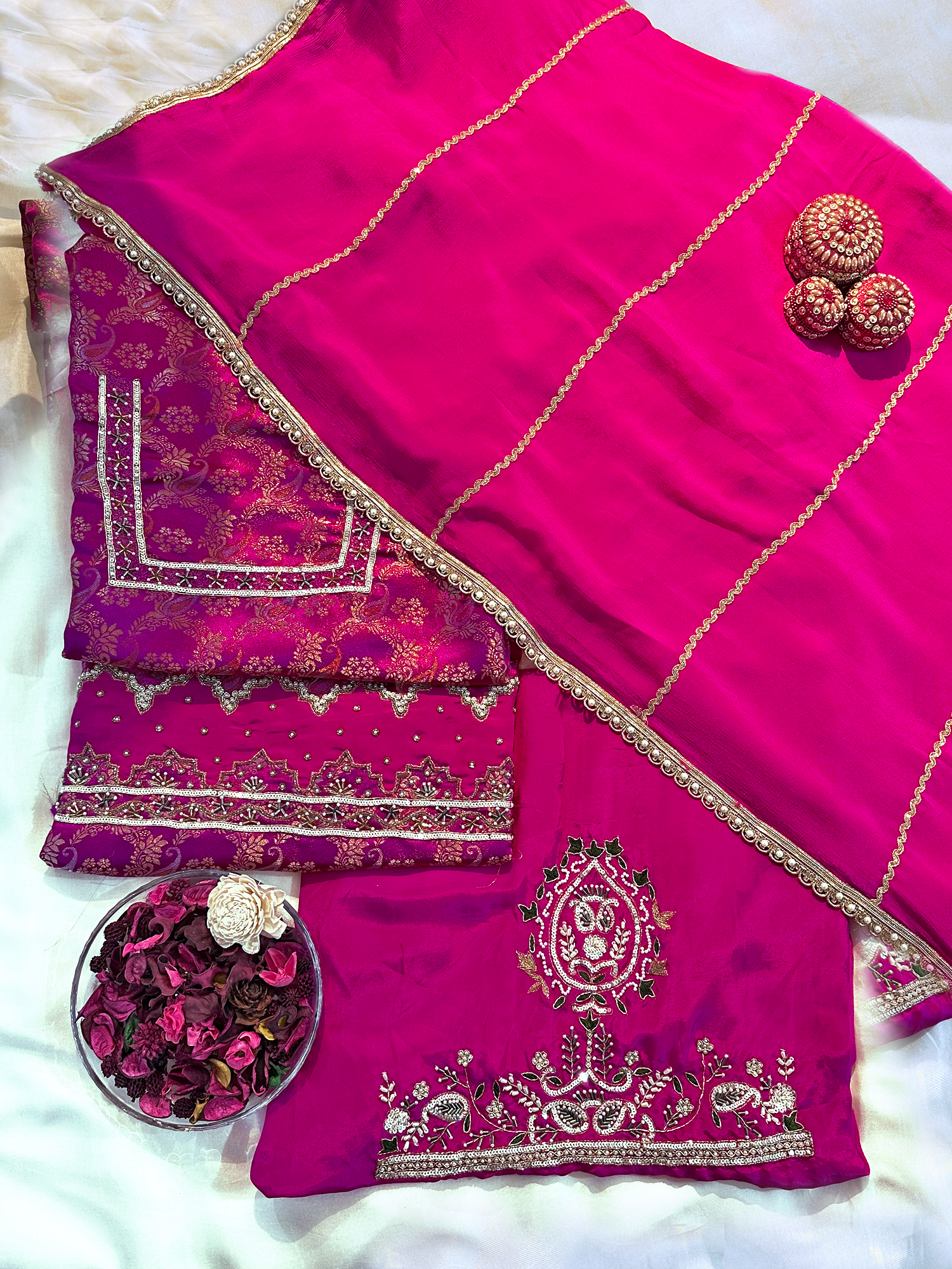 Kheen Kwaab Fabric Magenta Unstitched Suit Set