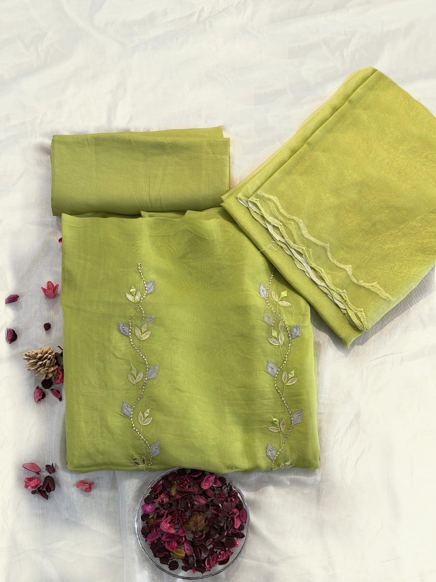 Viscose Organza Unstitched Suit Set | Onion & Parrot Green